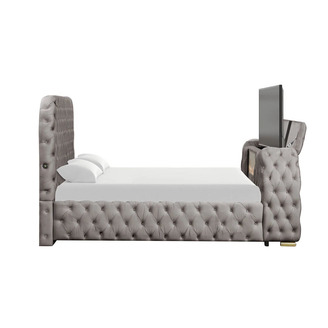 B8010 Royal TV Bed Frame with LED Fireplace – Grey