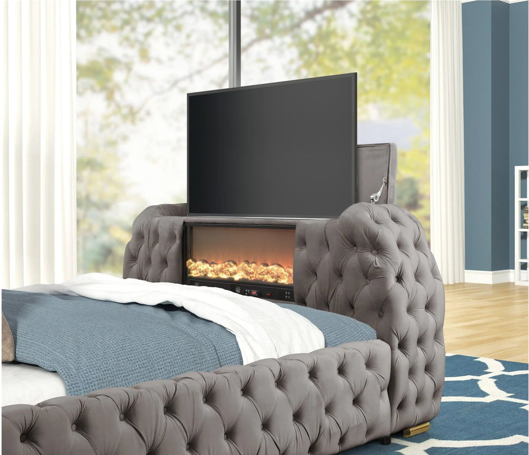 B8010 Royal TV Bed Frame with LED Fireplace – Grey