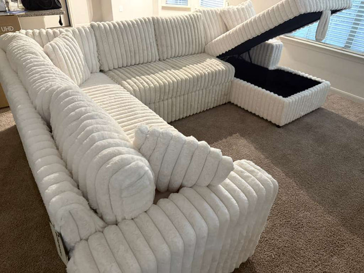 Raha - Sectional Corduroy  Couch With Pullout Bed & Storage